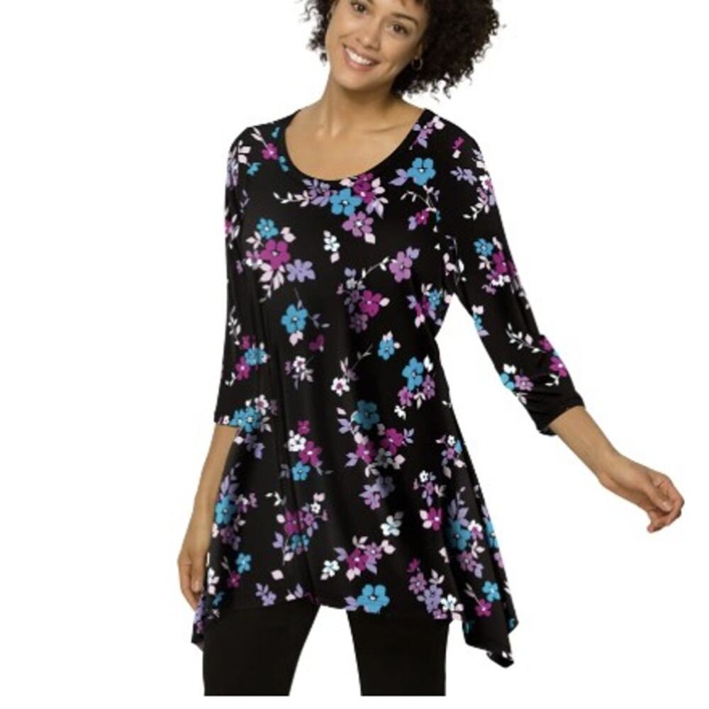 Woman Within Plus Size 1X Polyester Spandex Sharkbite Tunic Black Floral